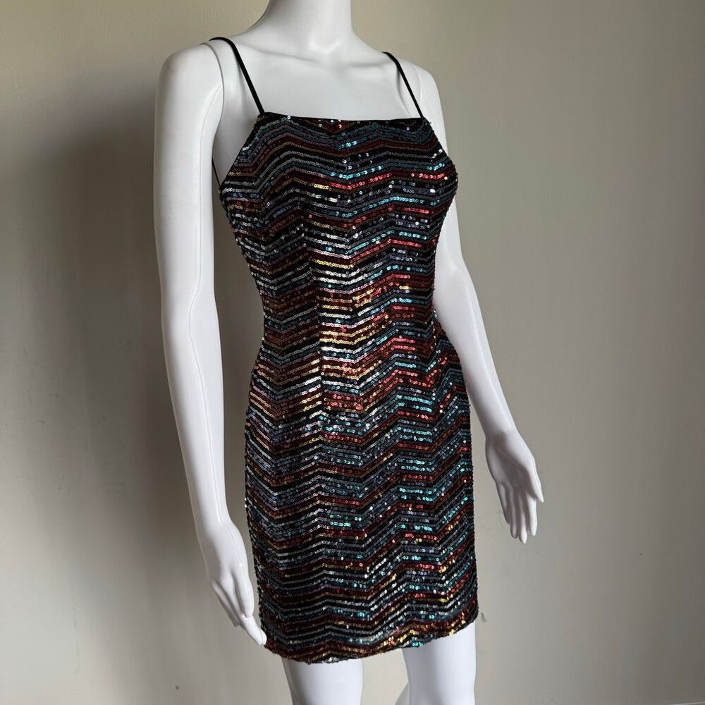 Avec Les Filles Chevron Rainbow Sequin Glam 70’s Party Dress NWT